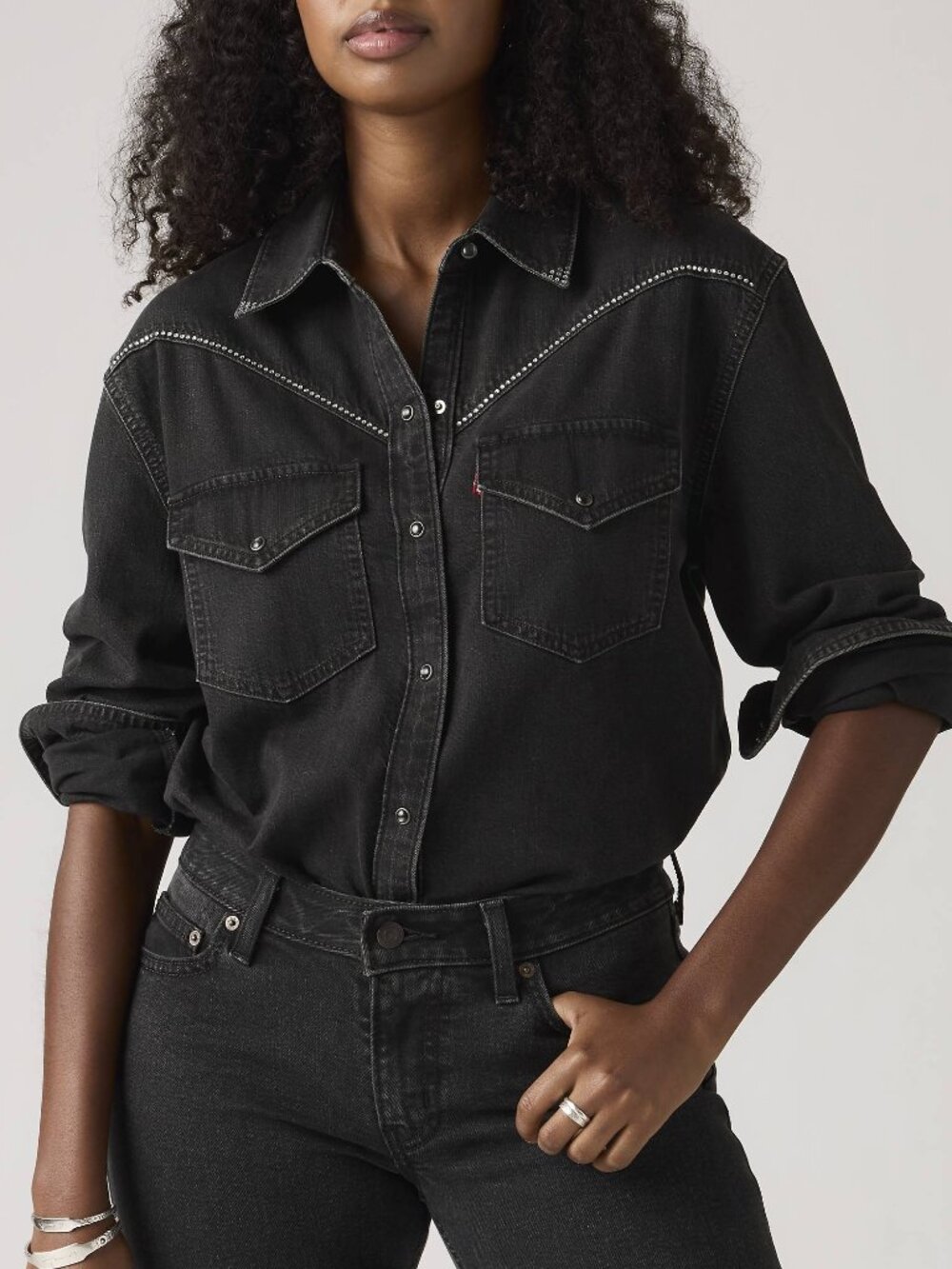Levi's Sawyer Western Shirt Black Denim Rhinestone - SIZE SMALL